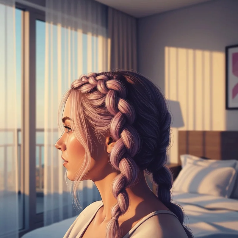 Detailed close-up of a perfectly styled fishbone braid in golden hour light.