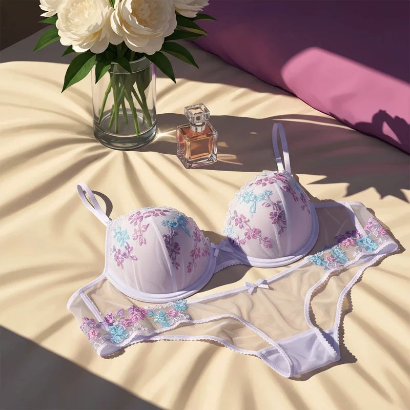 A luxurious white lace bra and panty set displayed in a soft-lit, ethereal bedroom setting.