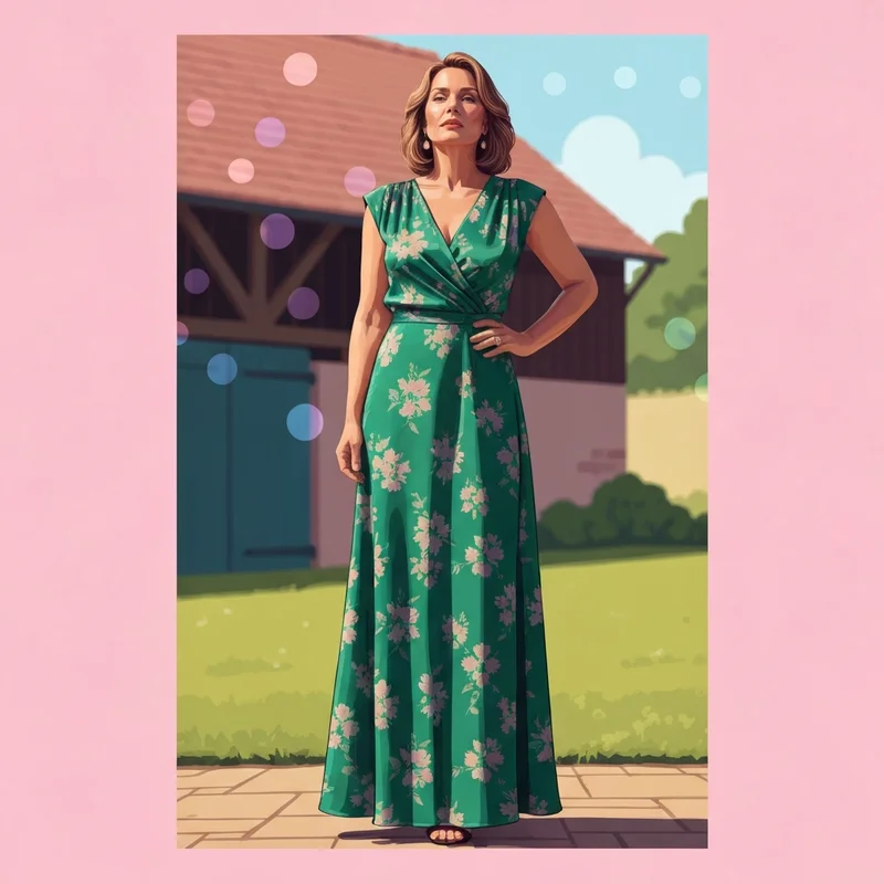 A woman wearing a beautiful green floral dress for wedding guest in a garden setting.