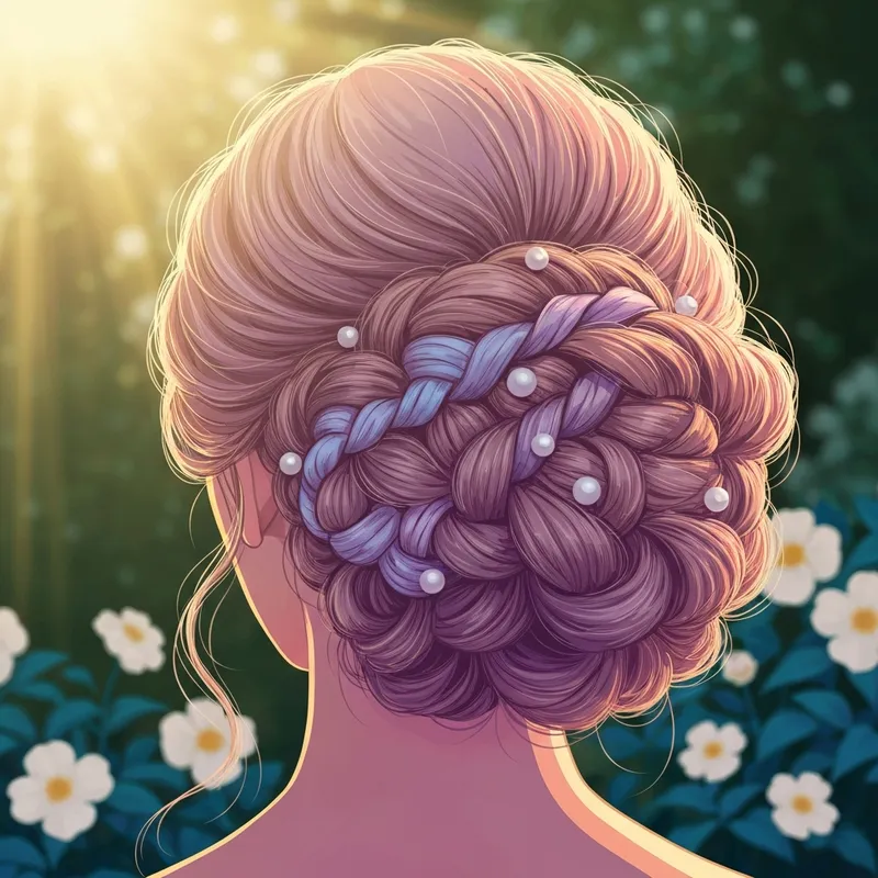 A stunning and intricate braid bridal hairstyle with pearls and silk ribbons for a romantic wedding look.