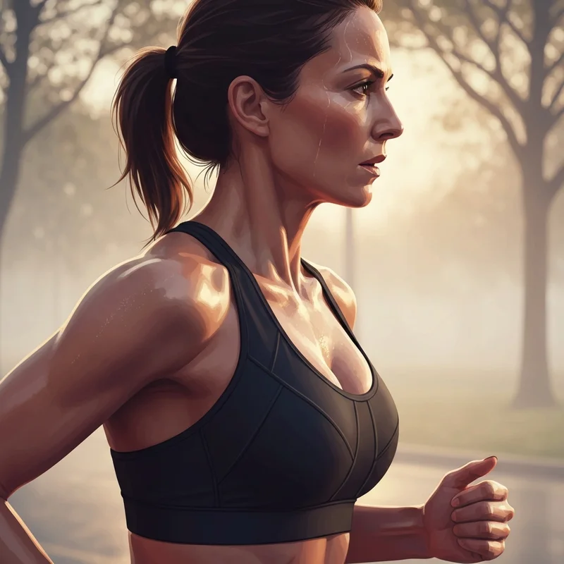 A woman wearing the best running sports bra for high-impact support while running in a park at sunrise.