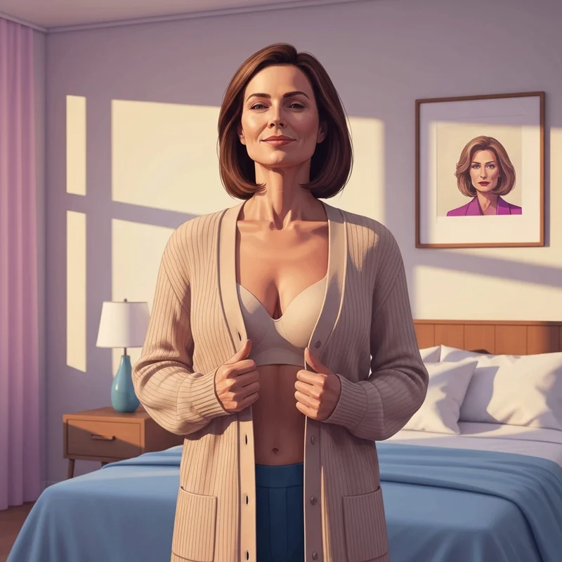 A confident woman wearing a comfortable and supportive push up bra without underwire under a cozy cardigan.