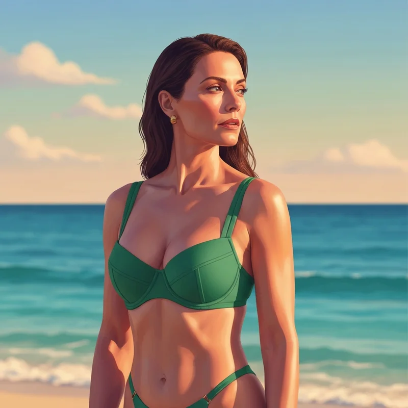 A woman feeling confident and lifted in her push up bra bathers at the beach.