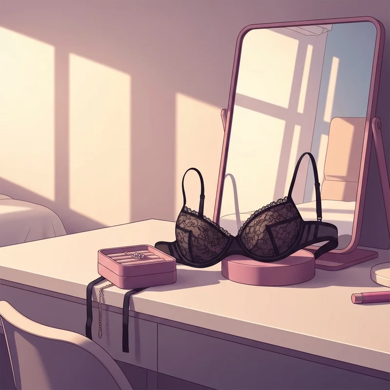 A luxury unlined lace 36 ddd bra displayed on a bedroom vanity.