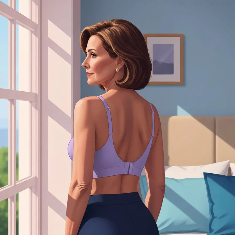 A woman experiencing the comfort and posture support of a jeadora bra in a peaceful home setting.