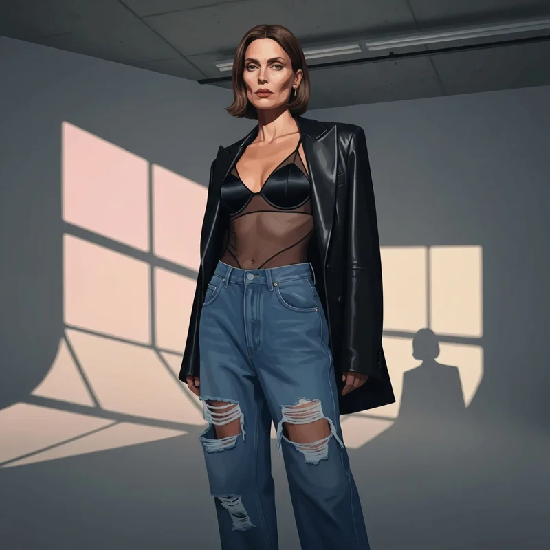 The iconic cone bra styled with modern high-waisted denim and an oversized leather jacket.