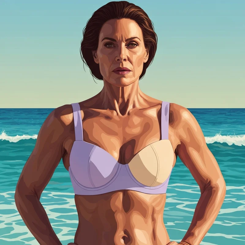 A woman wearing a supportive bikini bra that provides a snatched and secure fit at the beach.