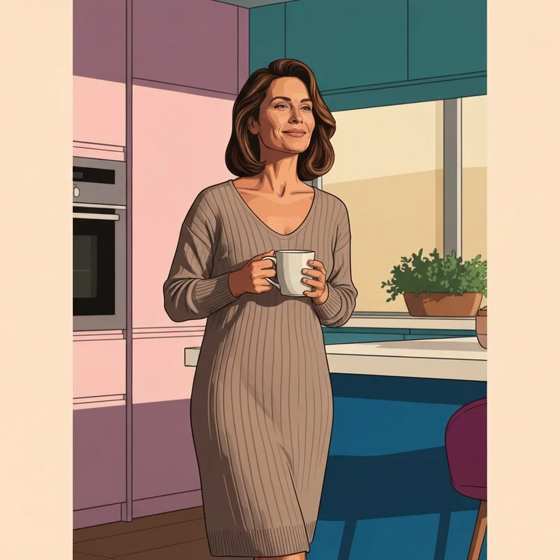 A woman enjoying her morning in a comfortable nightdress built in bra providing a polished silhouette.