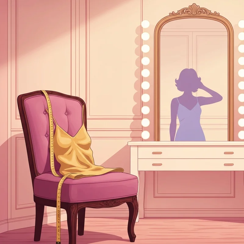 A soft aesthetic scene showing tools for a how to measure bra size calculator session in a luxury dressing room.