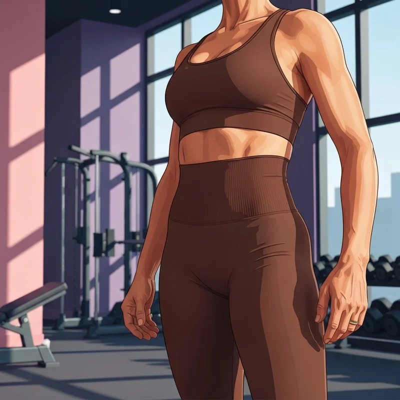 A woman wearing a trendy outfit featured in chocolate brown scrunch leggings reviews, showcasing a snatched silhouette in a gym.