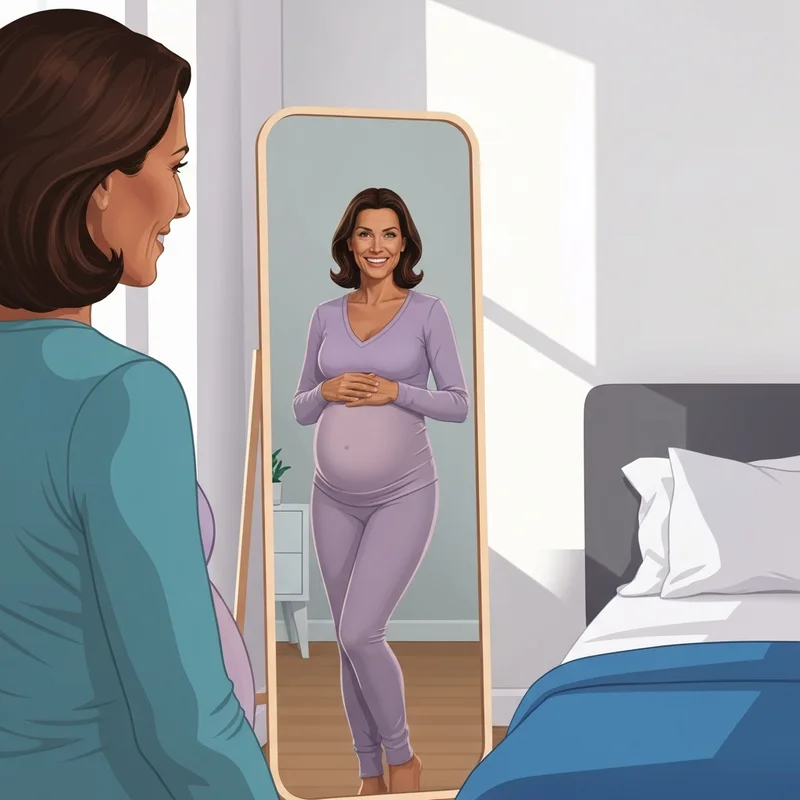 A confident woman showcasing her silhouette enhanced by pregnancy shapewear in a sunlit room.