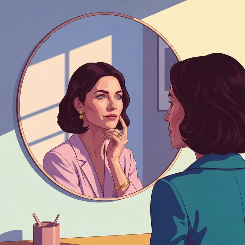 A woman checking her skin for potential botox side effects in a bright, modern mirror.