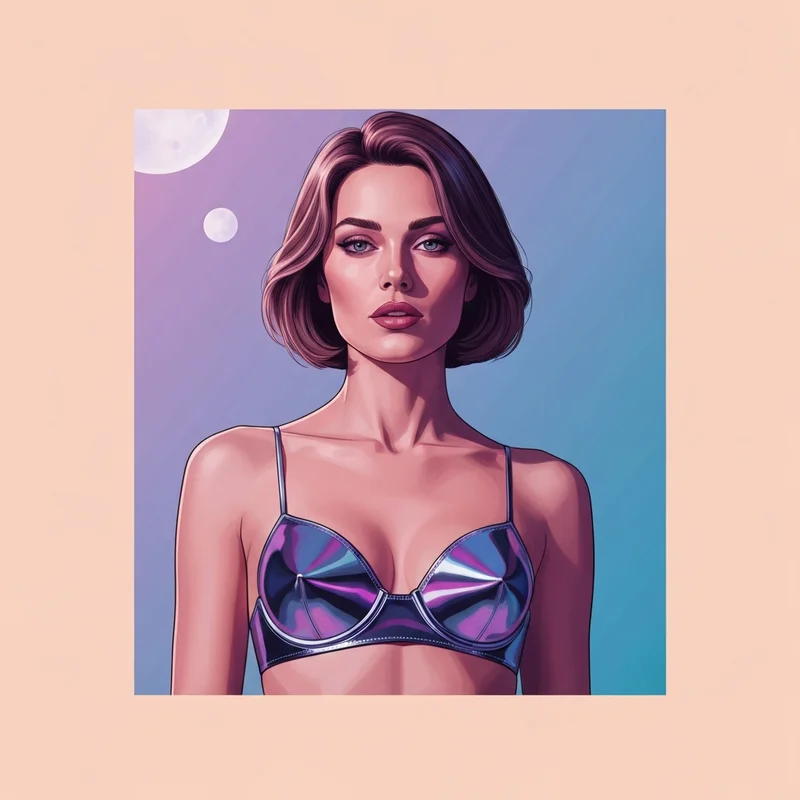 A woman modeling a statement silver bra for a futuristic festival outfit.