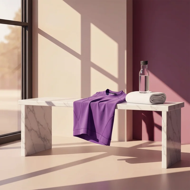 A high-quality purple sports bra displayed in a luxury gym setting for a confidence-boosting workout.