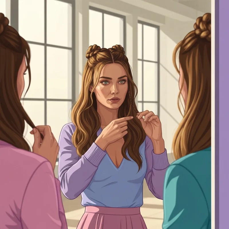 A young woman styling her half up half down french braid pigtails in a sunlit mirror.