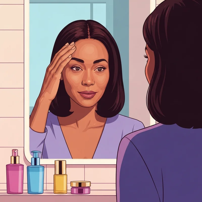 A woman examining her skin while considering how many units of botox for forehead treatment she might need for a natural look.