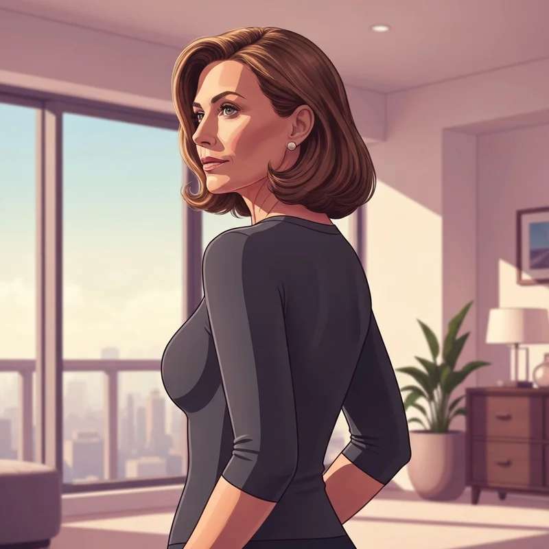 A woman showcasing the seamless silhouette achieved with a back smoother bra under a fitted charcoal top.