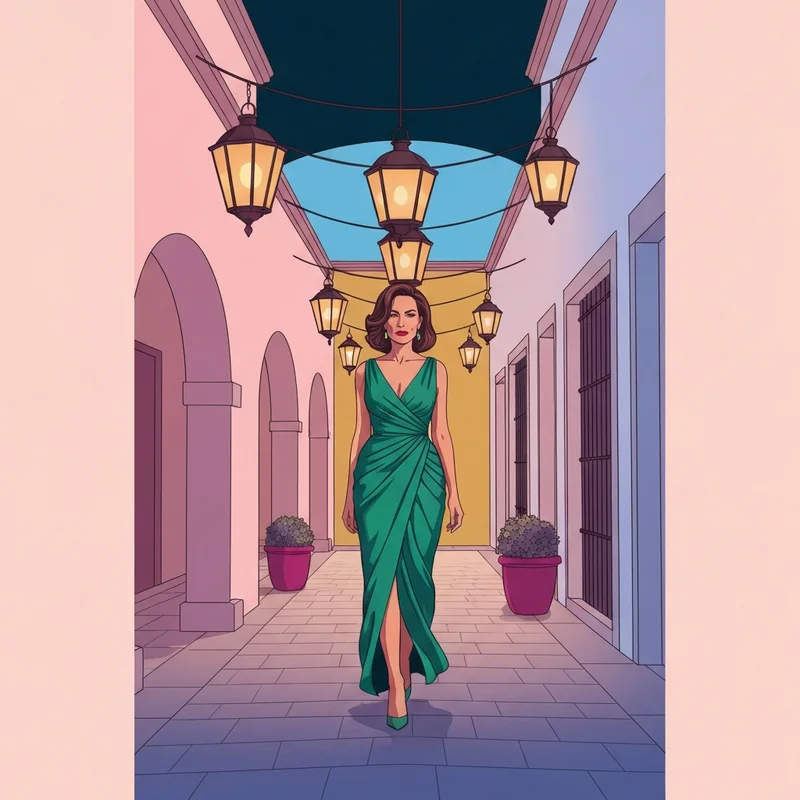 A woman wearing a sophisticated mexico city wedding guest dress in a historic courtyard.