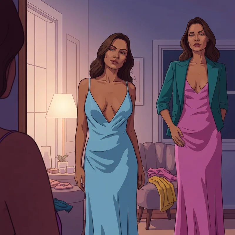 A confident woman in a deep-V dress showing the perfect silhouette provided by a push up and plunge bra.