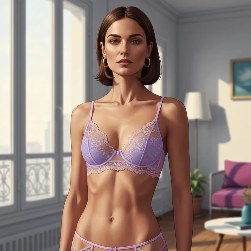 A confident young woman wearing a sophisticated bra for small boobs in a sunlit room.