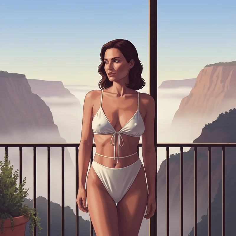 A woman wearing a minimalist string bra.