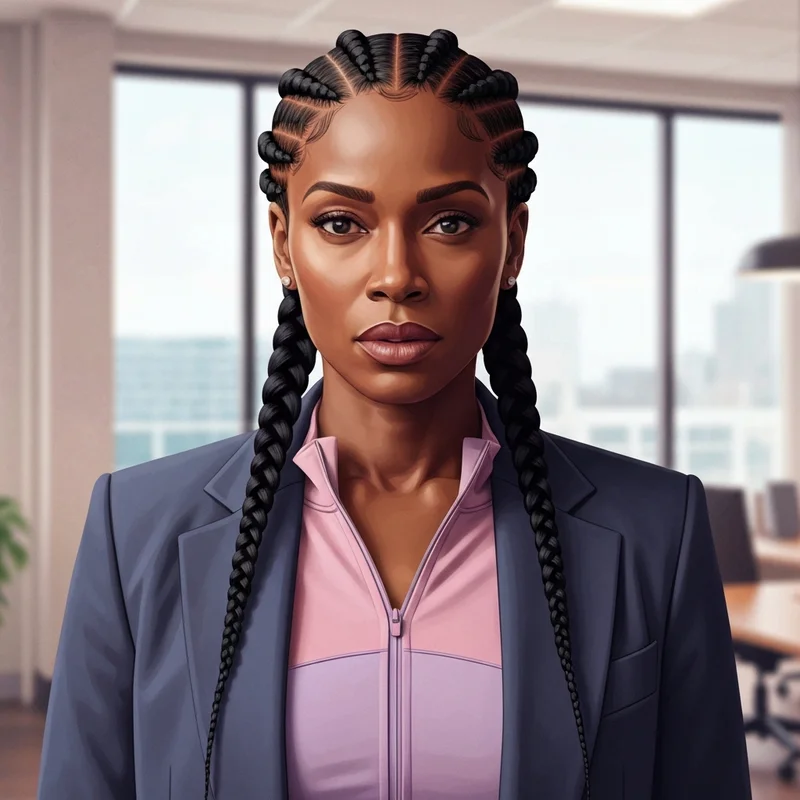 A woman wearing sophisticated french braid styles for black hair in a professional setting.