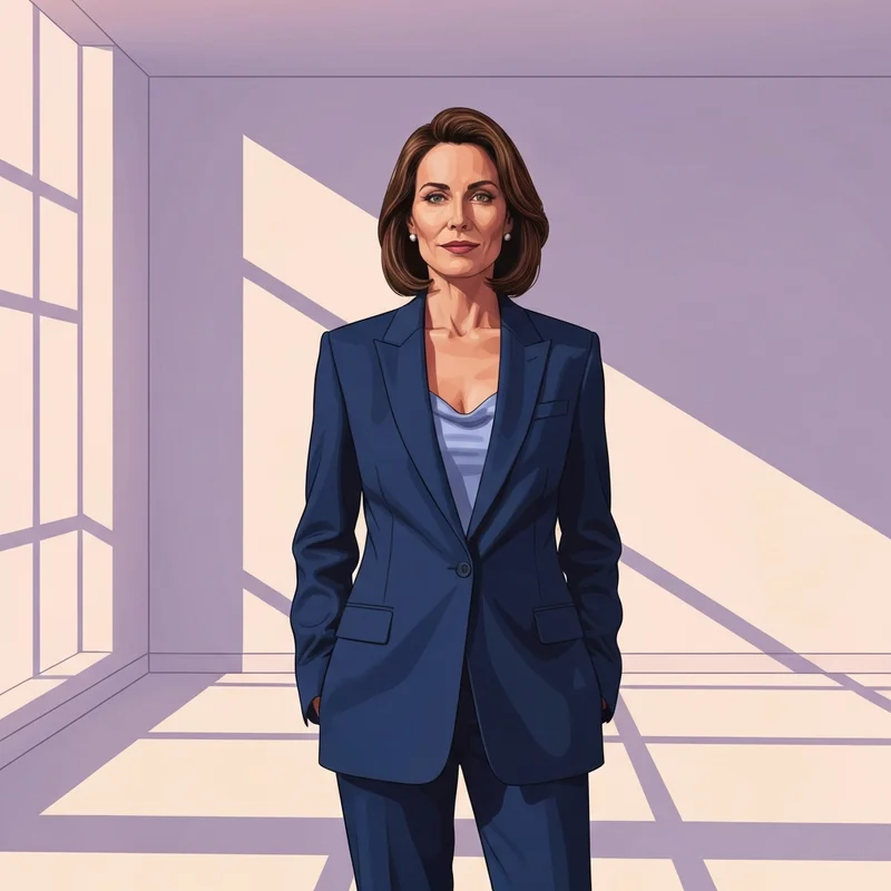 A woman standing confidently in tailored clothing, embracing her big bra size with style and grace.