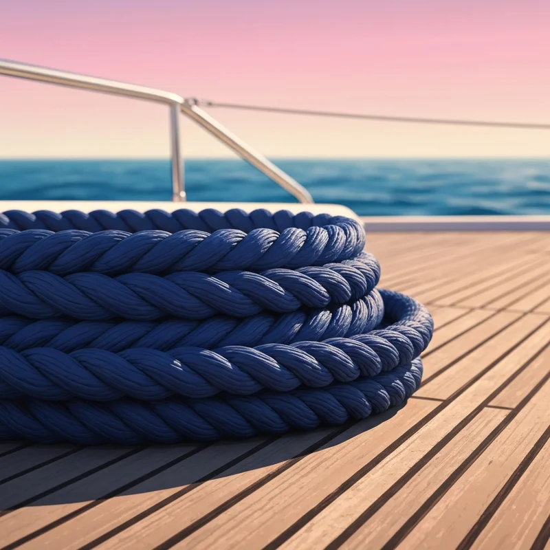 A professional marine-grade double braid rope showing the intricate weave of the cover and core fibers on a boat deck.