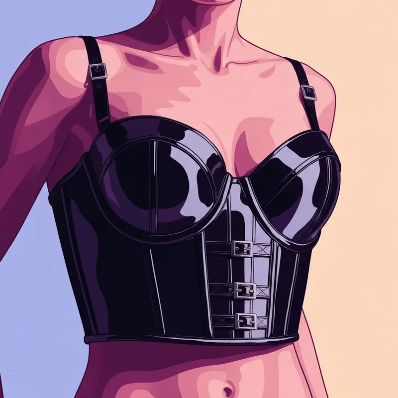A high-shine black latex bra reflecting cinematic studio lighting.
