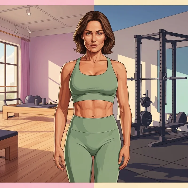 A woman balancing pilates strength training between a studio and a gym environment.