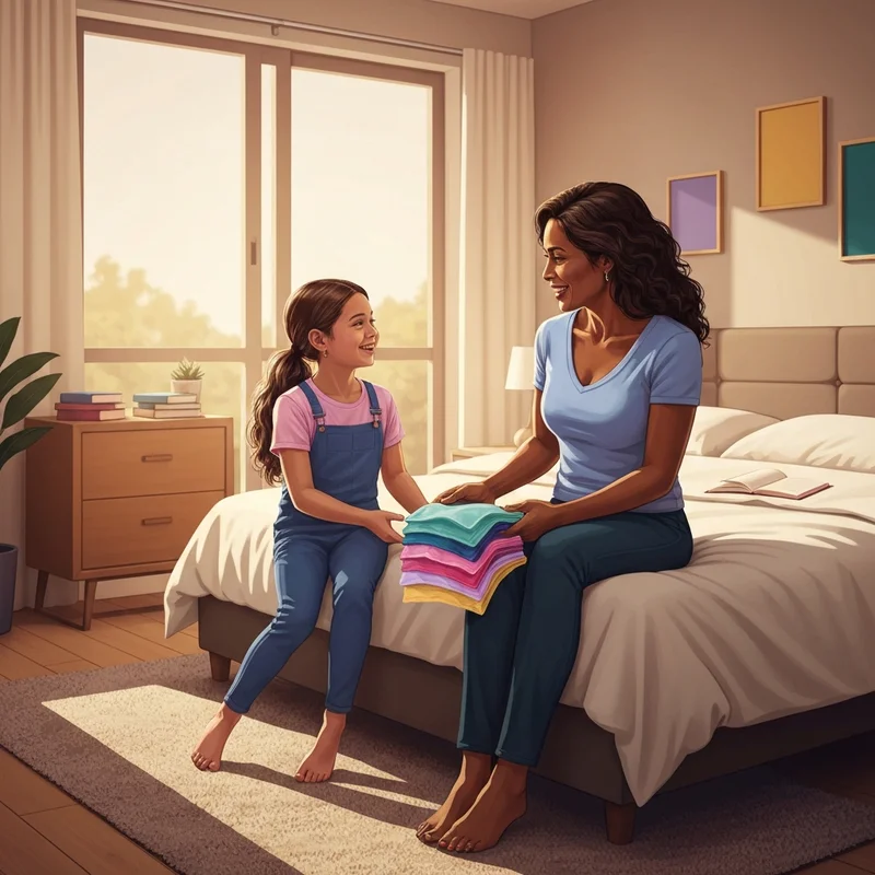 A mother and daughter bonding while choosing a youth tweens bra in a comfortable home setting.