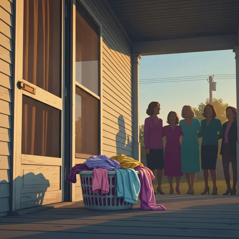 A cinematic scene reflecting the neighborhood chaos and camaraderie described in the song ashley mcbryde brenda put your bra on.