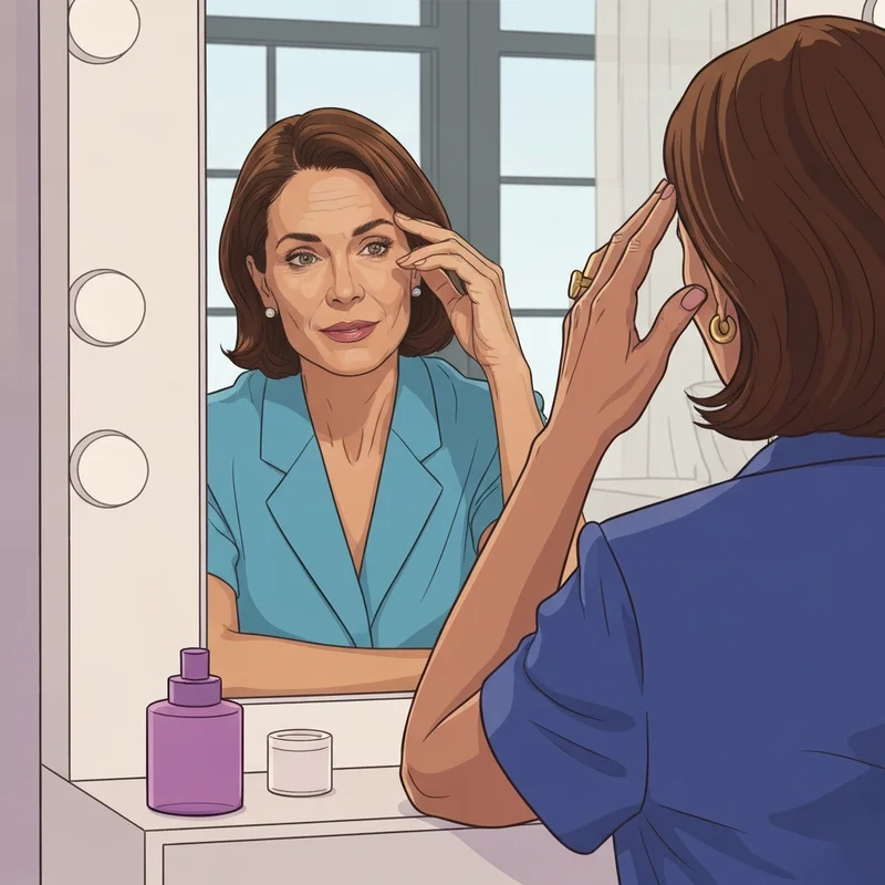 A young professional woman considering the botox cost while looking in a minimalist mirror.