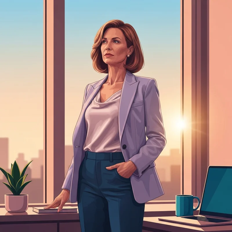 A confident woman with a massive bra size wearing a professional blazer and displaying perfect posture in a bright office.
