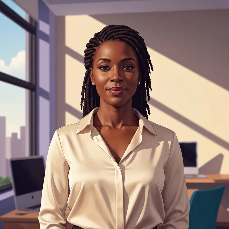 A professional woman showcasing her maturing braid locs in a corporate setting.