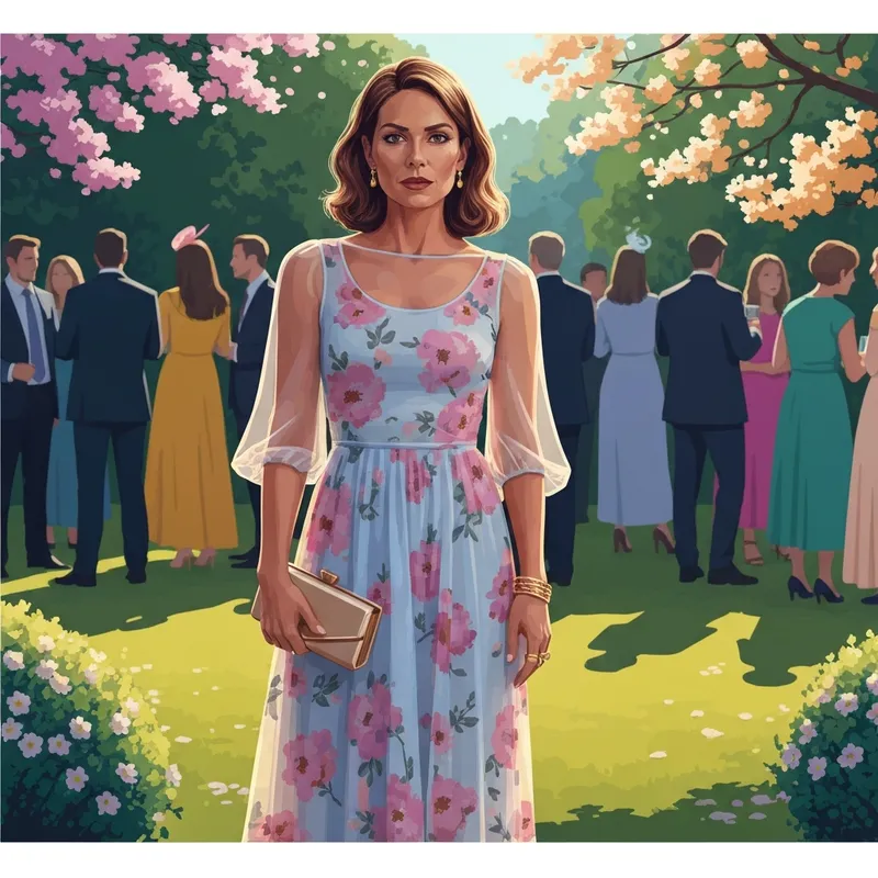 A stylish woman wearing a mesh midi dress wedding guest outfit in a garden setting.