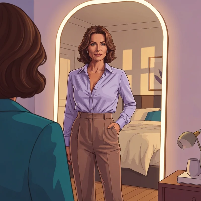 A woman standing confidently in a mirror wearing professional attire supported by shapewear for apron stomach.