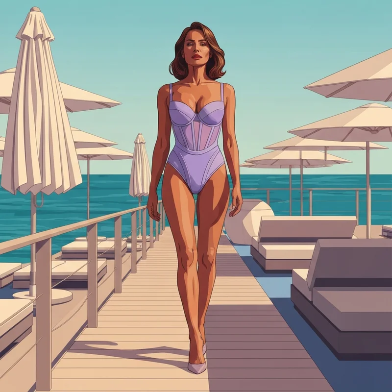 A woman wearing sophisticated bra cup swimwear on a luxury beach vacation.