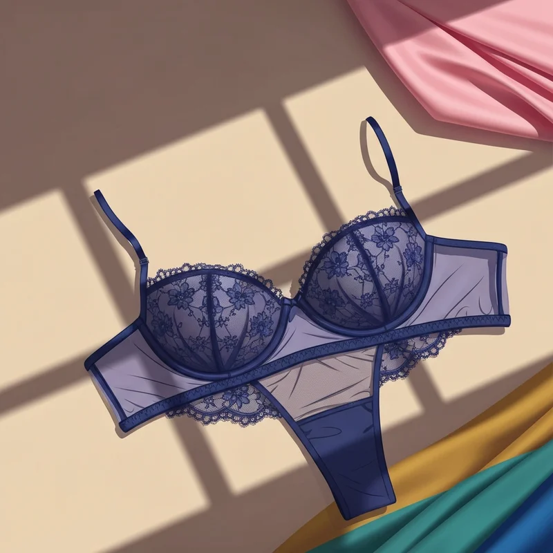 An elegant 32H bra in midnight blue lace displayed on a silk background to show support and style.