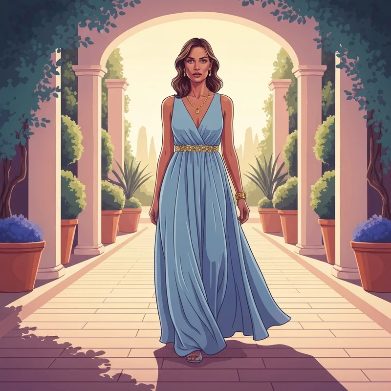 A woman wearing a light blue maxi wedding guest dress in a sunny garden setting.