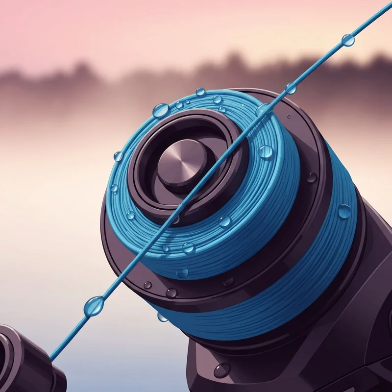 A close-up of reaction tackle braid being spooled onto a fishing reel during a sunrise fishing trip.