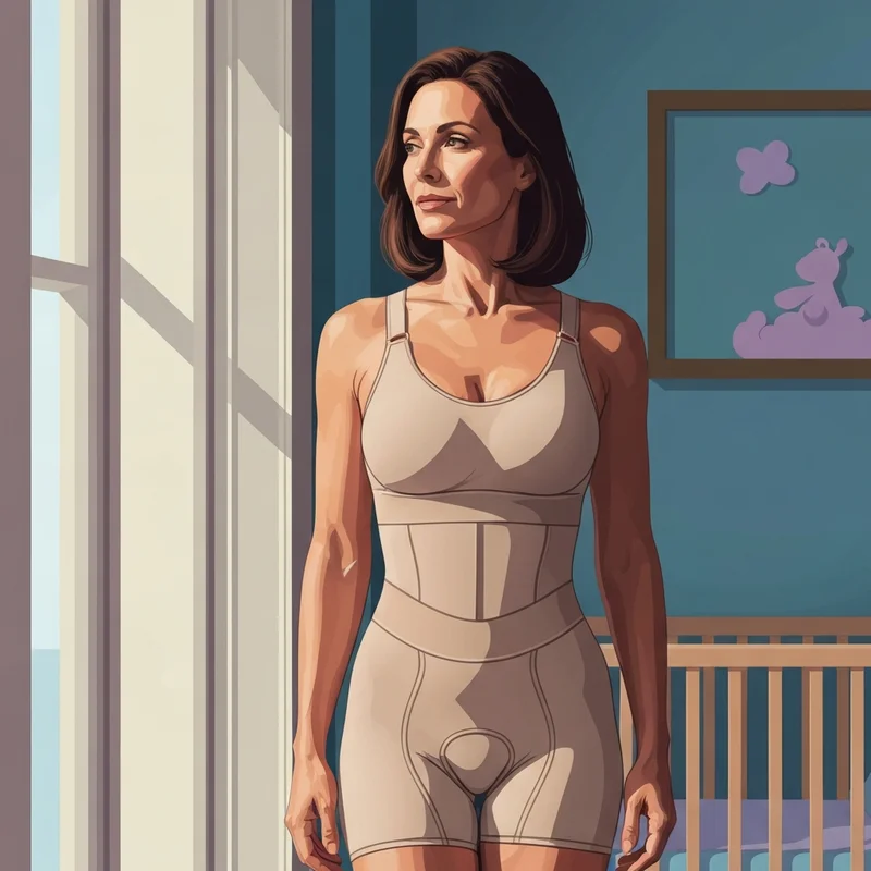 A woman experiencing the physical and emotional support of postpartum shapewear during her fourth trimester recovery.