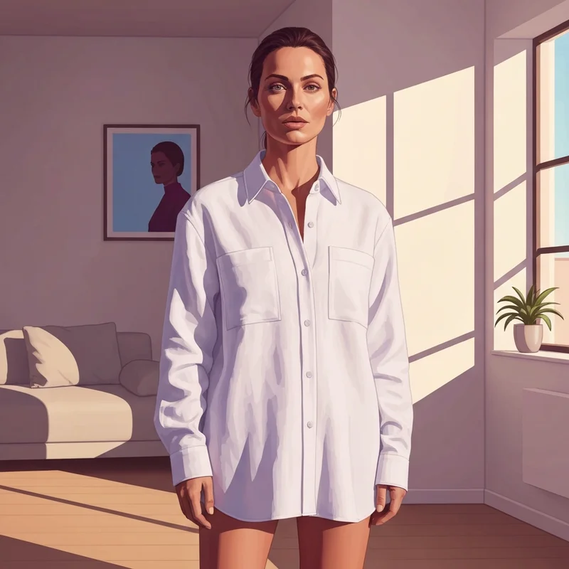 A confident woman enjoying the freedom of going braless in a stylish linen shirt.