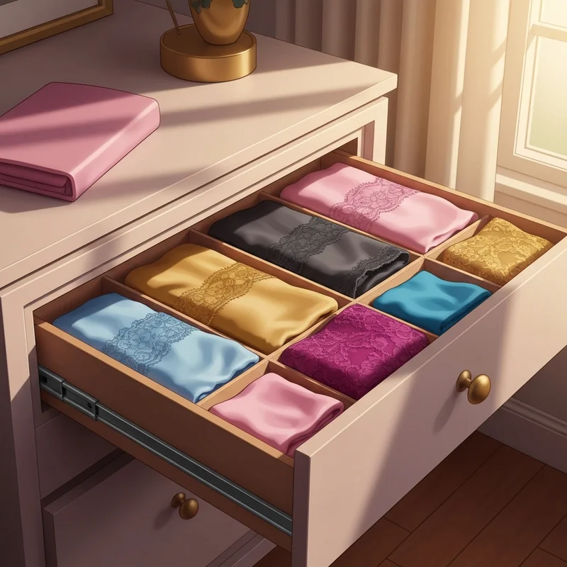 A collection of high-quality bras from a soma intimates bra sale neatly organized in a wooden drawer.