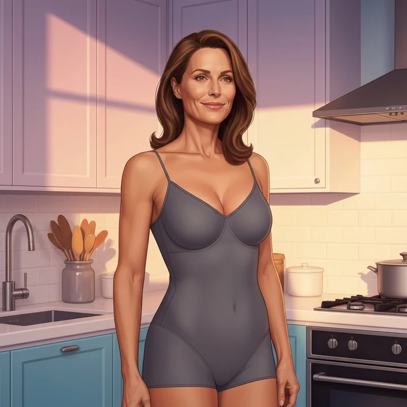 A woman wearing elegant nighties with built in bra standing in a sunny kitchen.