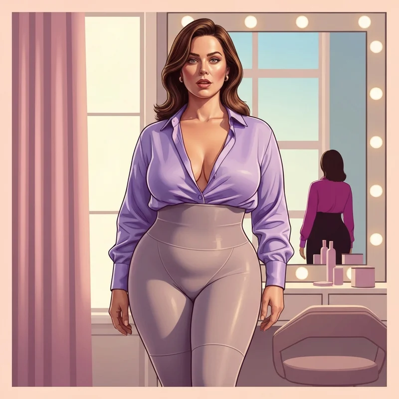 A woman wearing the best plus size shapewear for tummy control in a modern dressing room.