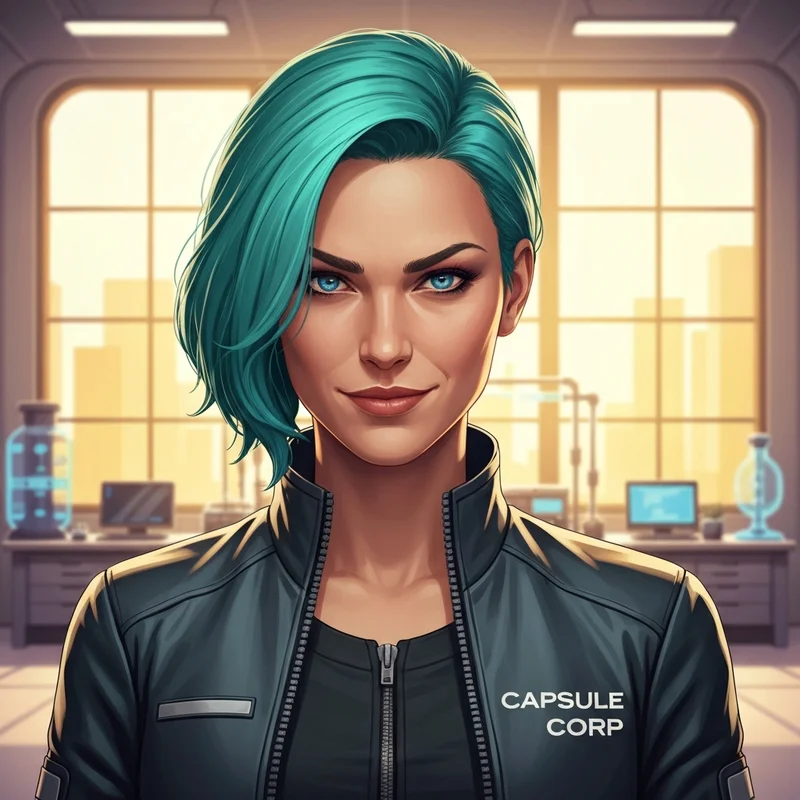 A high-detail artistic representation of bra dragon ball z showing her as the heir to Capsule Corp and the Saiyan royal line.