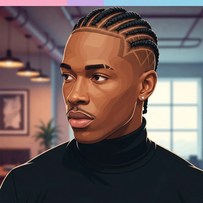 A young man showcasing exquisite braid styles men wear in 2025 featuring sharp stitch patterns and a clean fade.
