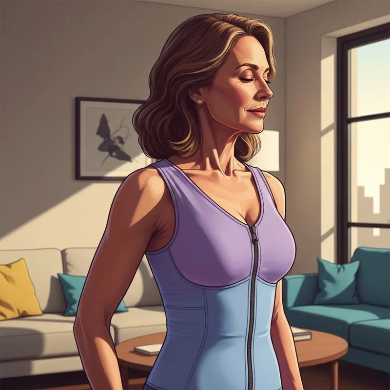 A woman experiencing the posture-aligning benefits of the Tommie Copper Shoulder Support Bra for daily wellness.