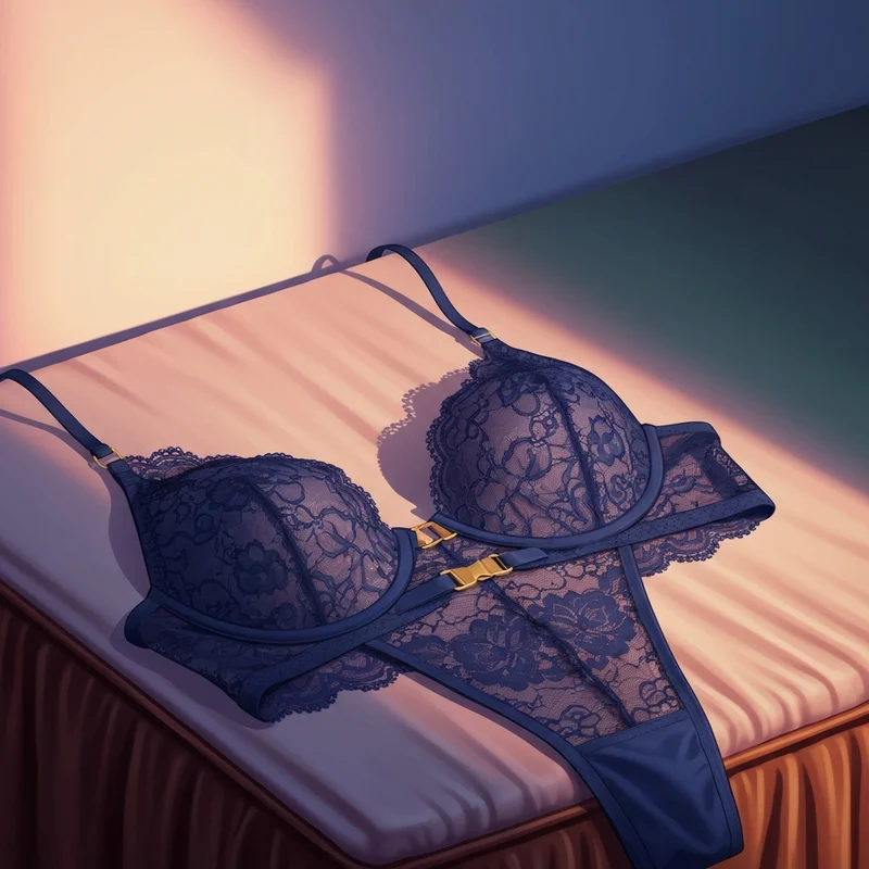 A close-up of the sexiest bra and panties in midnight-blue lace with gold details, symbolizing confidence and luxury.